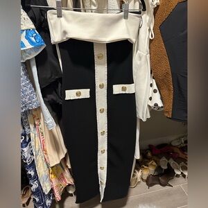 Zara Black and White Midi Dress with Gold Buttons